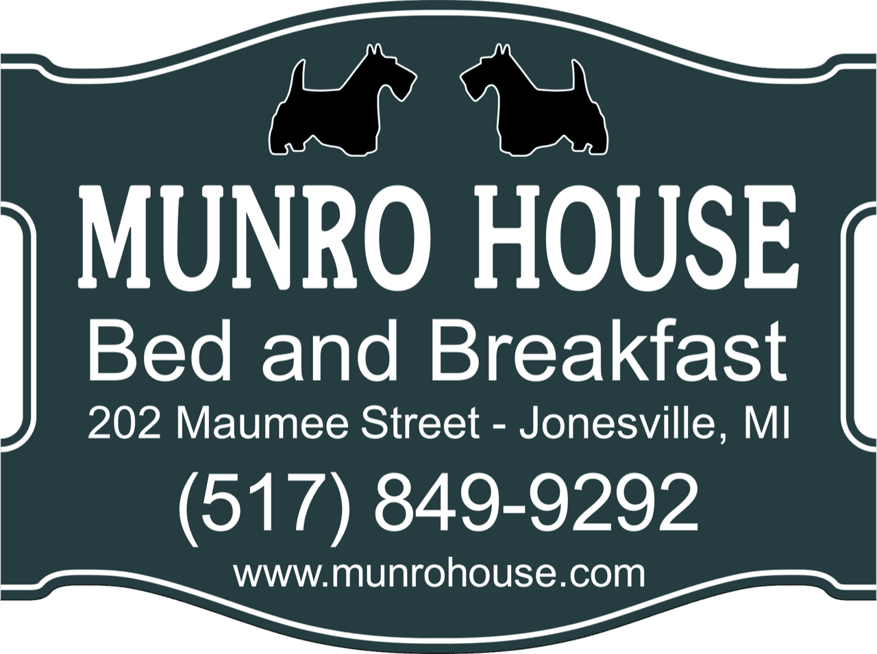 Sign for Munro House Bed and Breakfast with contact details and location in Jonesville, MI.