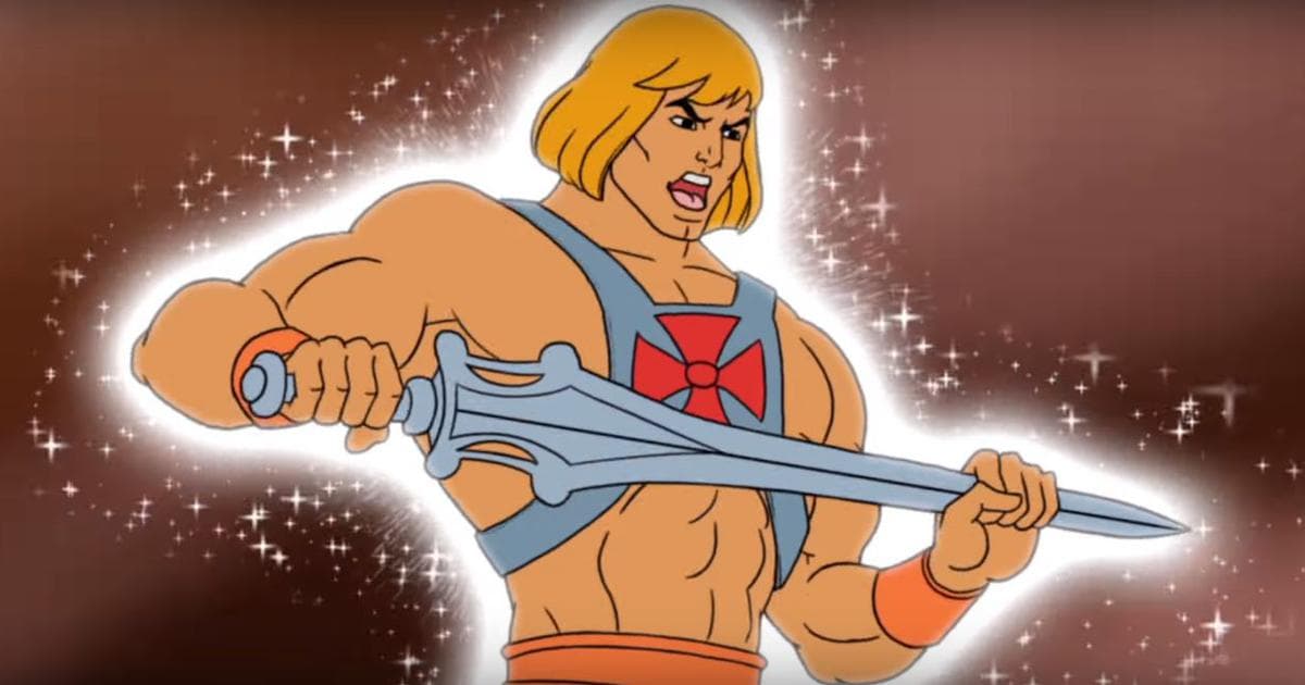 A muscular cartoon warrior holds a sword, surrounded by a sparkling aura.