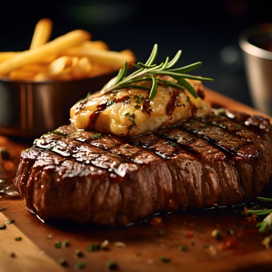 A juicy steak topped with sautéed mushrooms and garnished with rosemary, served alongside crispy French fries.
