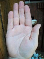 A open palm facing upward against a wooden surface.