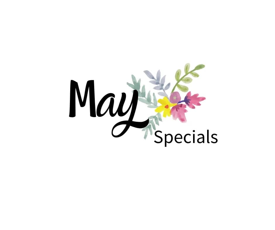 Text logo featuring "May Specials" with colorful floral accents.