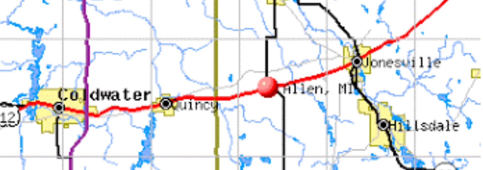 Map showing routes and locations near Allen, Michigan, with Coldwater and Quincy marked.